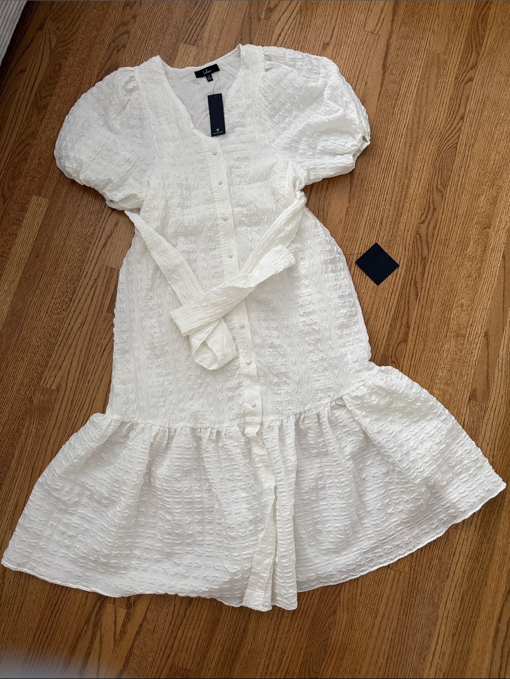 Lulu's White Textured Puff Sleeve Button-Front Midi Dress